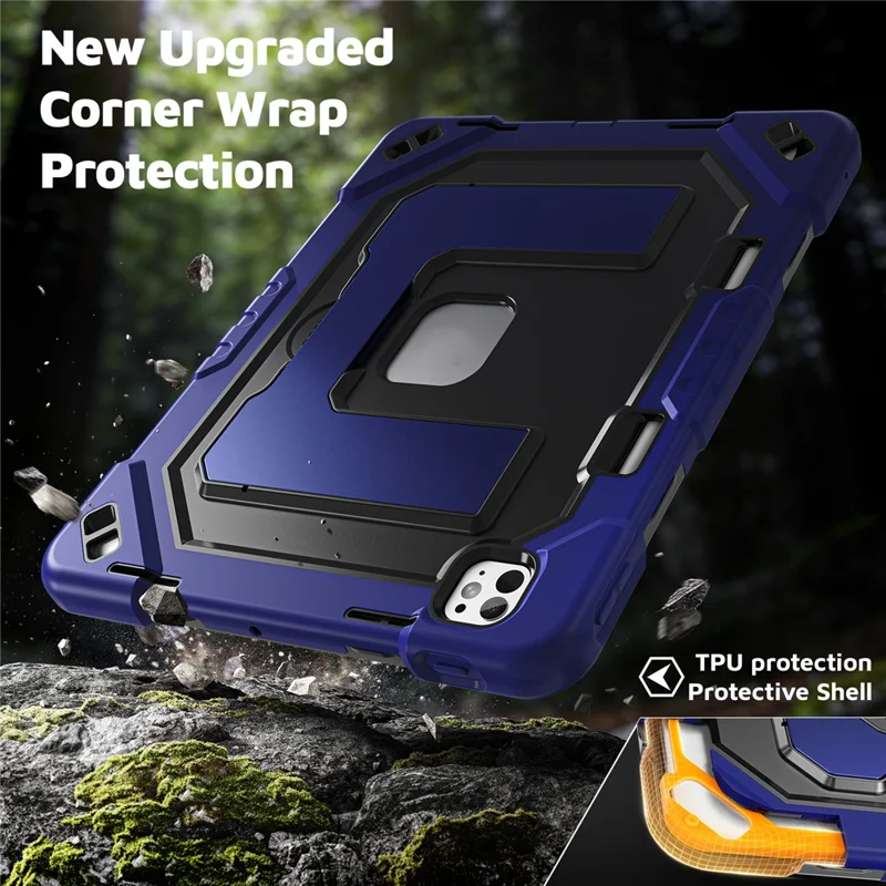 For iPad Pro 13 (2025) / (2024) Case Shockproof PC + TPU + Silicone Protective Cover with Shoulder Strap / Pen Holder - Navy Blue+Black