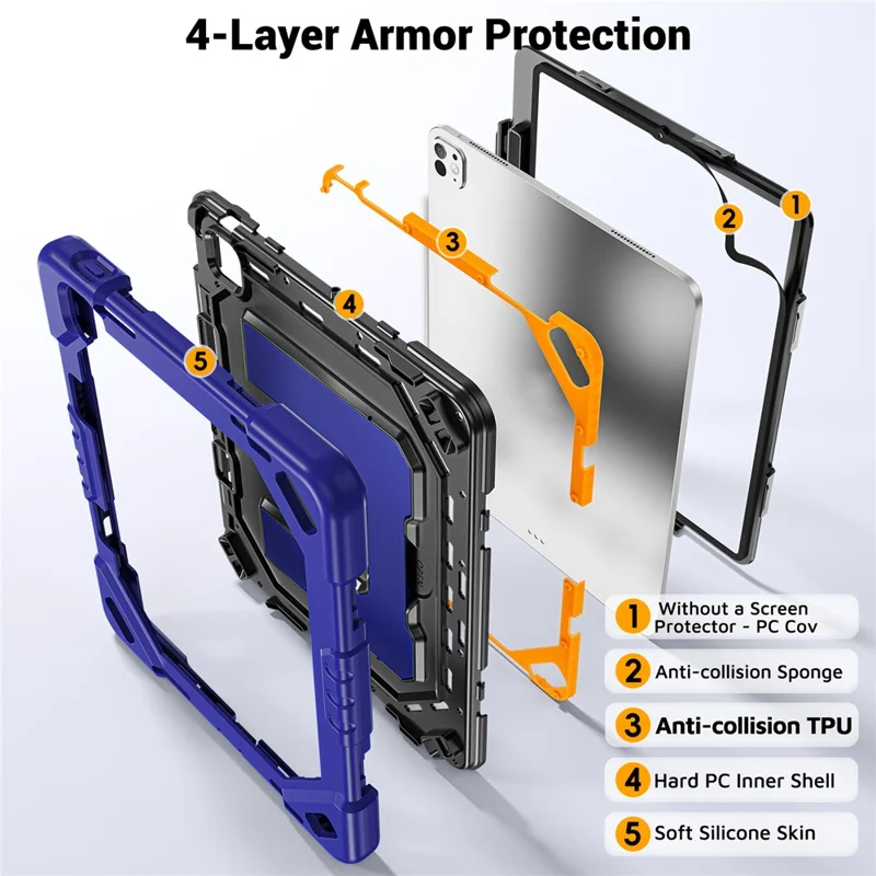 For iPad Pro 13 (2025) / (2024) Case Shockproof PC + TPU + Silicone Protective Cover with Shoulder Strap / Pen Holder - Navy Blue+Black