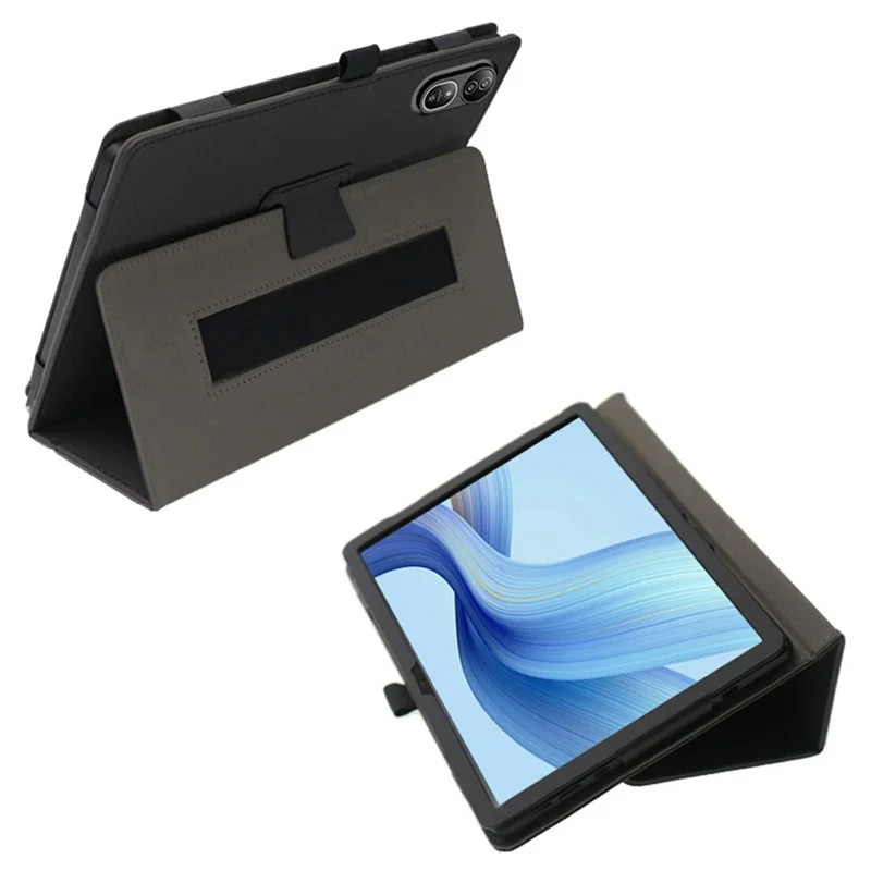 For Blackview Mega 12 Leather Case Foldable Stand Tablet Cover Built-in Hand Strap - Black
