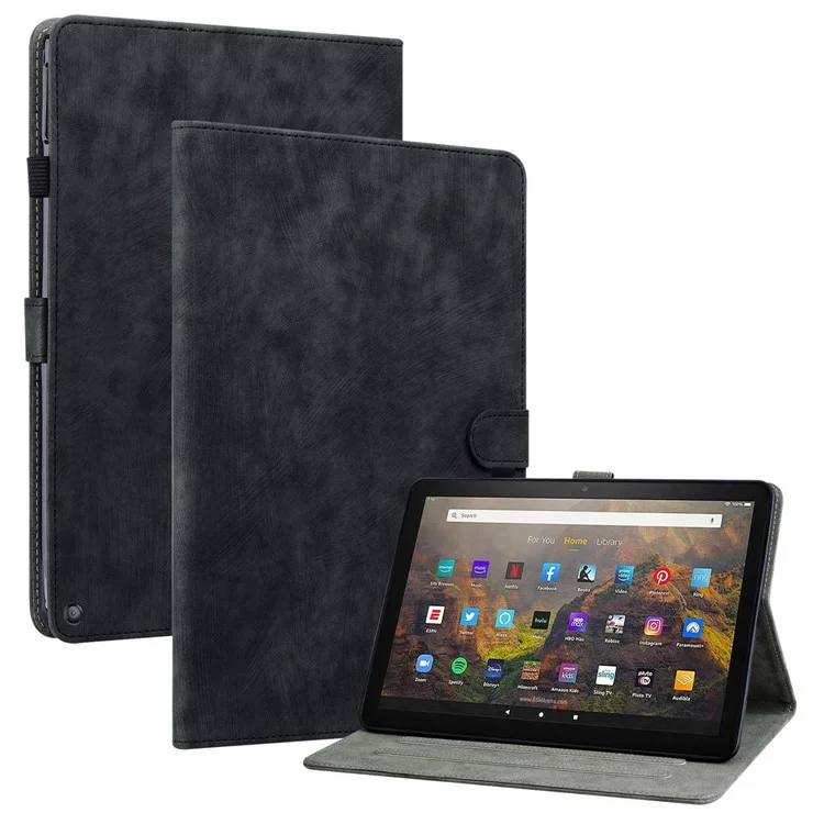 For Amazon Fire HD 10 (2021) / Fire HD 10 Plus (2021) Stand Card Holder Leather Tablet Case Cute Tiger Pattern Imprinted Shockproof Cover - Black