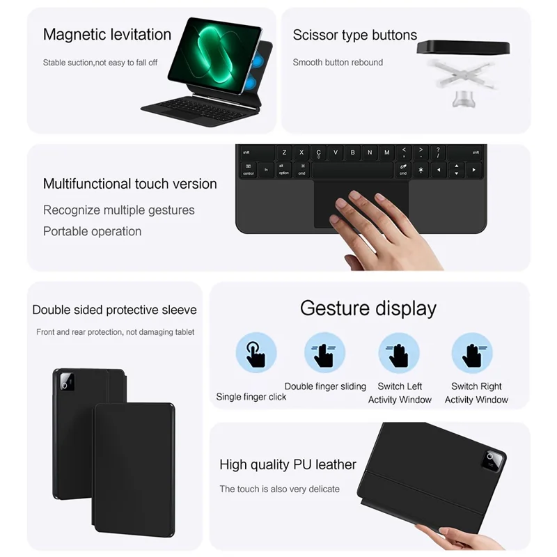For Xiaomi Pad 9 Pro Magnetic Floating Bluetooth-Compatible Keyboard (English) + Leather Tablet Case - Black