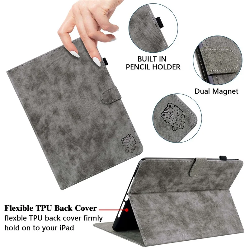 For Huawei MatePad Pro 10.8 (2021) Cute Tiger Pattern Imprinted Tablet Case Adjustable Stand Design TPU+PU Leather Shell with Card Slot - Grey