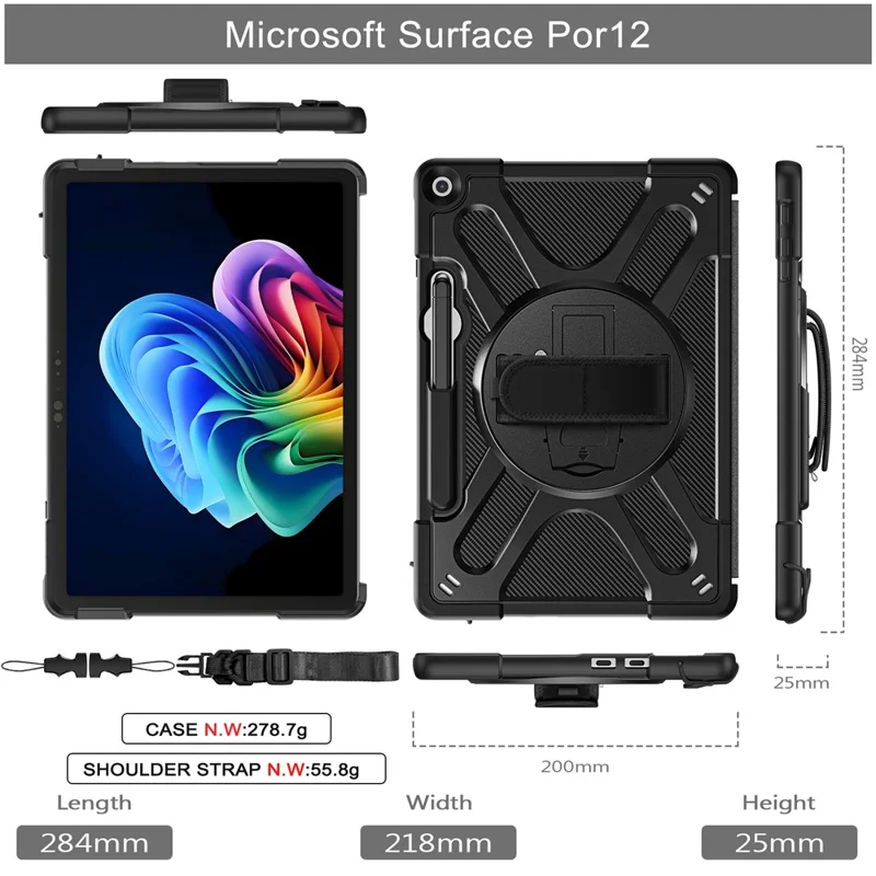 For Microsoft Surface Pro 12 inch (2026) / Surface Pro 12 inch Case Kickstand Tablet Cover with Hand Strap / Shoulder Strap - Black