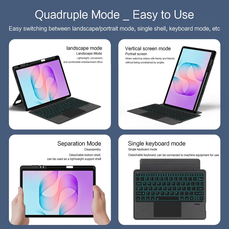 For Samsung Galaxy Tab S12+ Leather Case + Bluetooth-Compatible Keyboard with Backlight Trackpad - Black