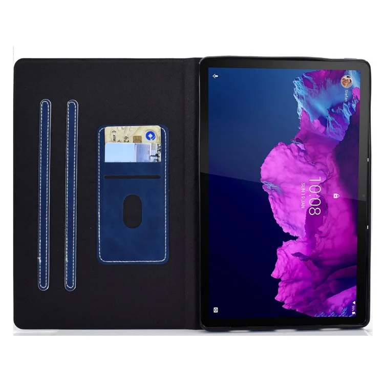 For Lenovo Tab P11 TB-J606F / Tab P11 5G  Card Holder Design Folio Flip Calf Textured Leather Tablet Case Magnetic Shockproof Cover with Stand - Blue