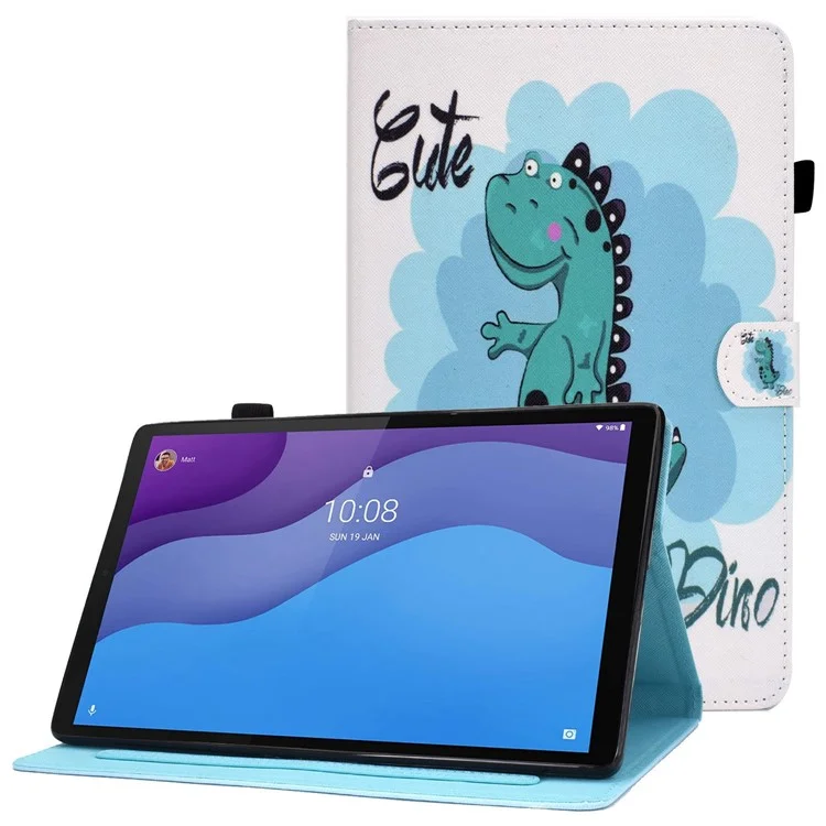 Pour Lenovo Tab M10 HD Gen 2 TB-X306 Stitching Leather Pattern Printing Tablet Case Card Slots Magnetic Folio Flip Stand Shell Cover with Pencil Holder - Dinosaur