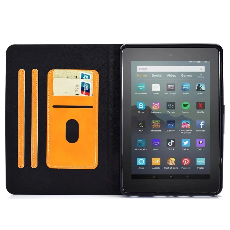 For Amazon Fire 7 (2022) PU Leather Card Holder Tablet Cover Full Protection Case with Stand - Orange
