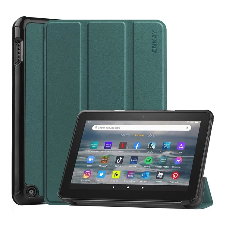 ENKAY HAT PRINCE For Amazon Fire 7 (2022) Tri-fold Stand Tablet Case Auto Wake / Sleep Function PU Leather + PC Protective Cover - Blackish Green