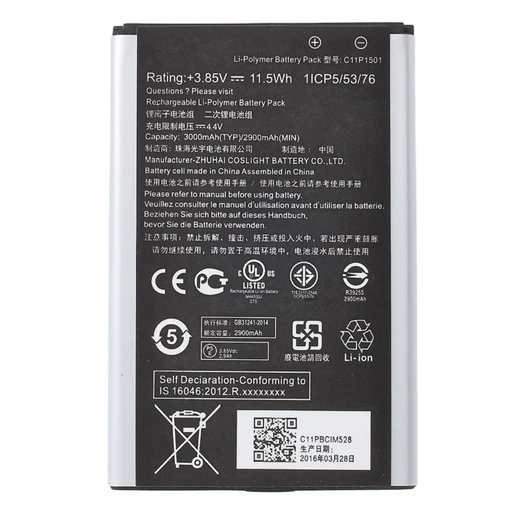 Pour Asus Zenfone 2 Laser ZE550KL / Ze601kl / Z00ld / Z011d / ZD551KL 3.85V 2900mAh Pièce de Remplacement de la Batterie Li-ion (Encode: C11p1501) (sans Logo)