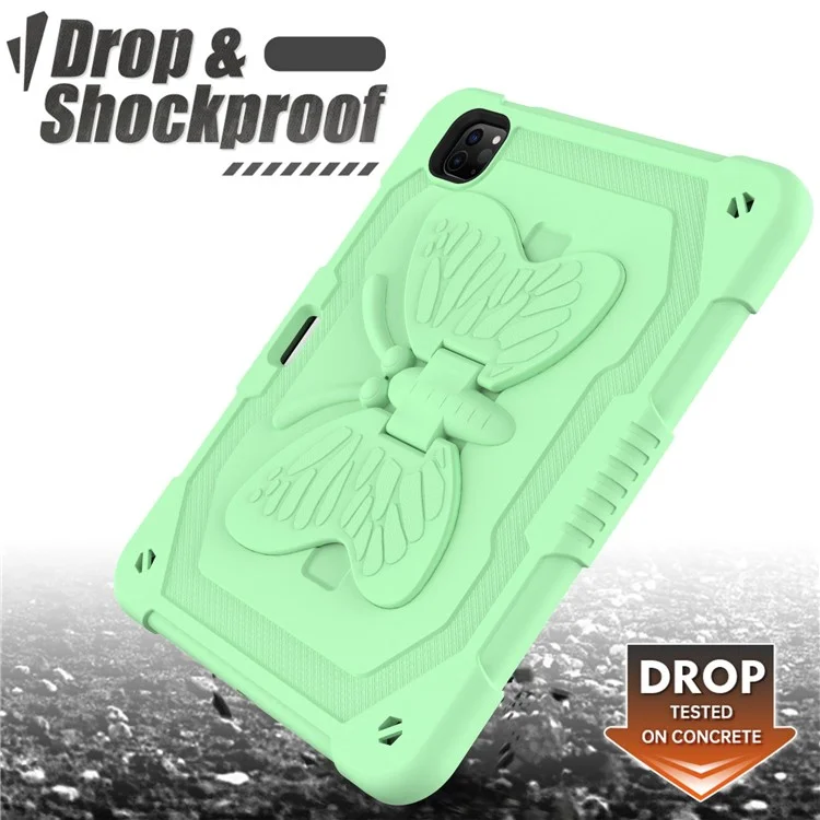 Para Ipad Pro de 11 Pulgadas (2021) /(2020) /(2018) / Ipad Air (2022) /(2020) Case de Tableta de Parada de Parada de Mariposa Silicona + PC Shock -improbable Con Correa Para el Hombro - Matcha Verde