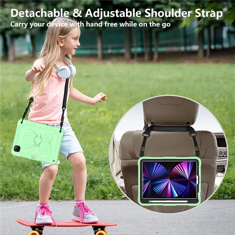 Para Ipad Pro de 11 Pulgadas (2021) /(2020) /(2018) / Ipad Air (2022) /(2020) Case de Tableta de Parada de Parada de Mariposa Silicona + PC Shock -improbable Con Correa Para el Hombro - Matcha Verde