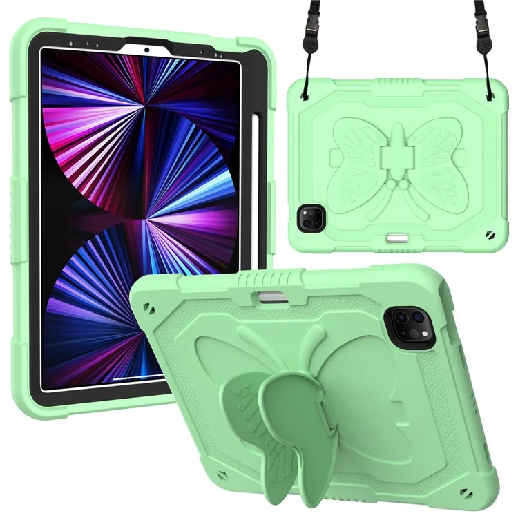 Para Ipad Pro de 11 Pulgadas (2021) /(2020) /(2018) / Ipad Air (2022) /(2020) Case de Tableta de Parada de Parada de Mariposa Silicona + PC Shock -improbable Con Correa Para el Hombro - Matcha Verde
