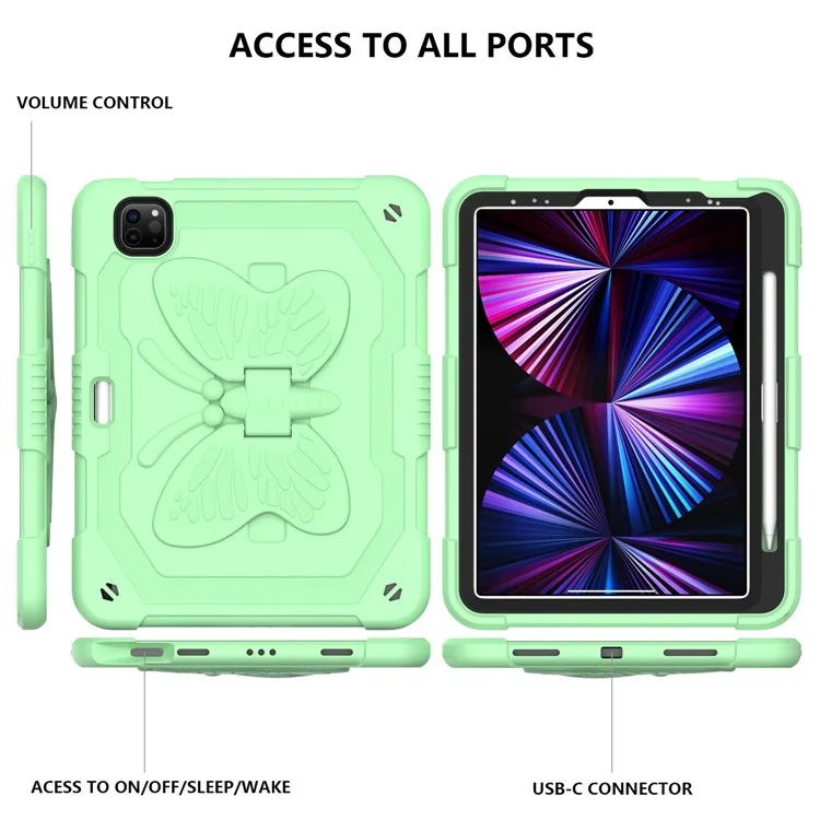 Para Ipad Pro de 11 Pulgadas (2021) /(2020) /(2018) / Ipad Air (2022) /(2020) Case de Tableta de Parada de Parada de Mariposa Silicona + PC Shock -improbable Con Correa Para el Hombro - Matcha Verde