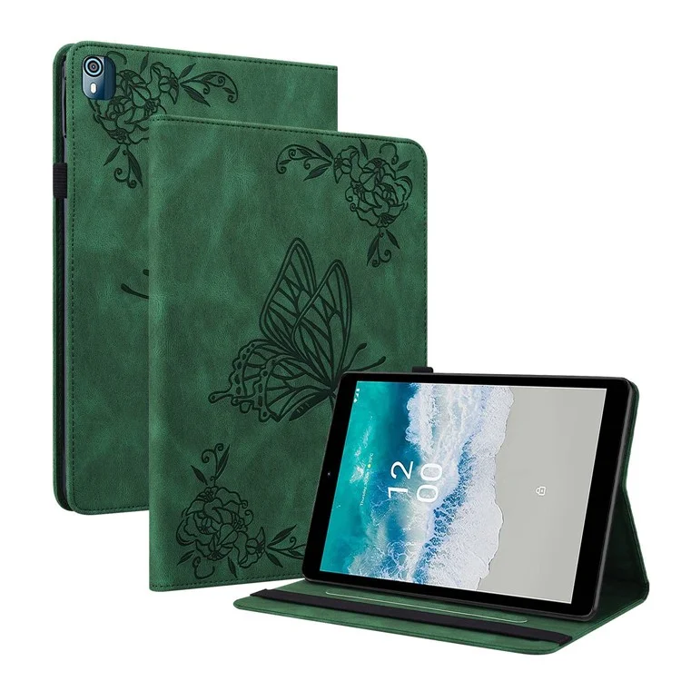 Para Nokia T10 Imprinting Butterfly Flower Pattern Tablet Case PU Leather + TPU Anti-scratch Stand Card Holder Shell - Verde