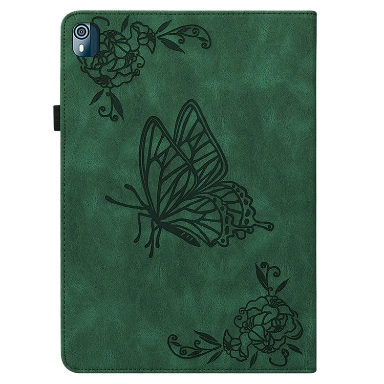 Para Nokia T10 Imprinting Butterfly Flower Pattern Tablet Case PU Leather + TPU Anti-scratch Stand Card Holder Shell - Verde