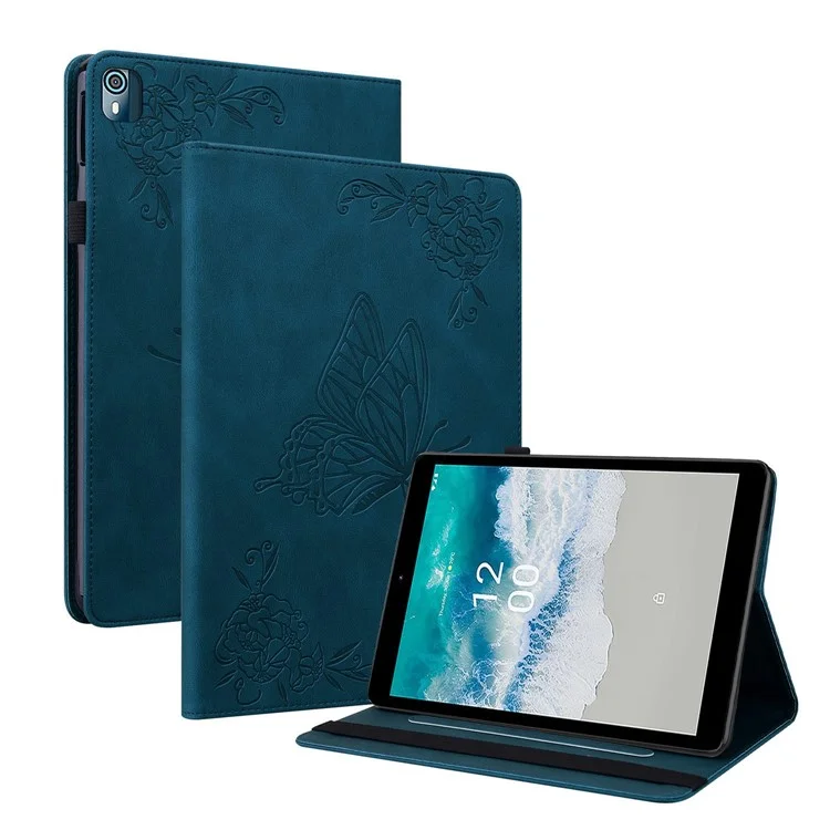 Pour le boîtier de tablette à motif fleur de papillon en cuir PU + TPU anti-rayures avec support de carte pour Nokia T10 - Bleu