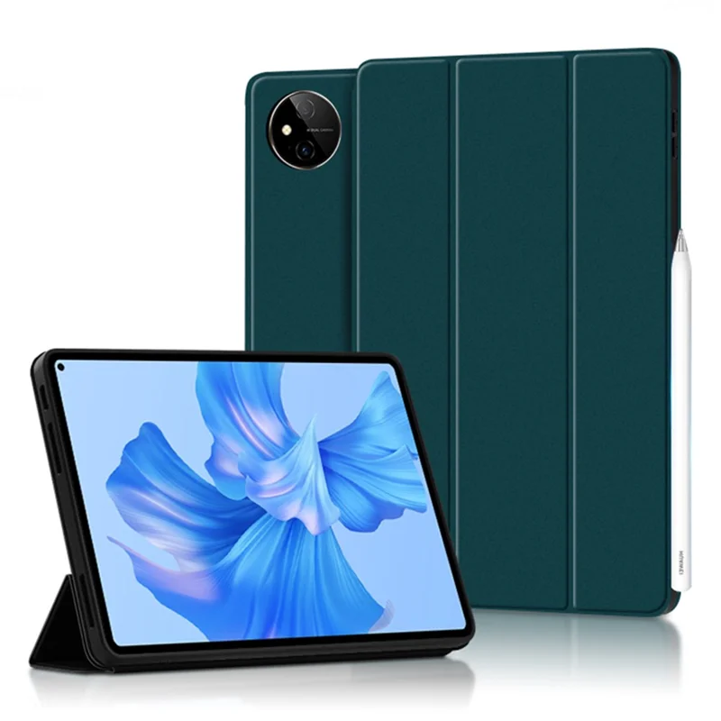 For Huawei MatePad Pro 11 (2022) Folio Flip Anti-fall Protective Cover TPU+PU Leather Skin-touch Tablet Case with Three-fold Stand - Green