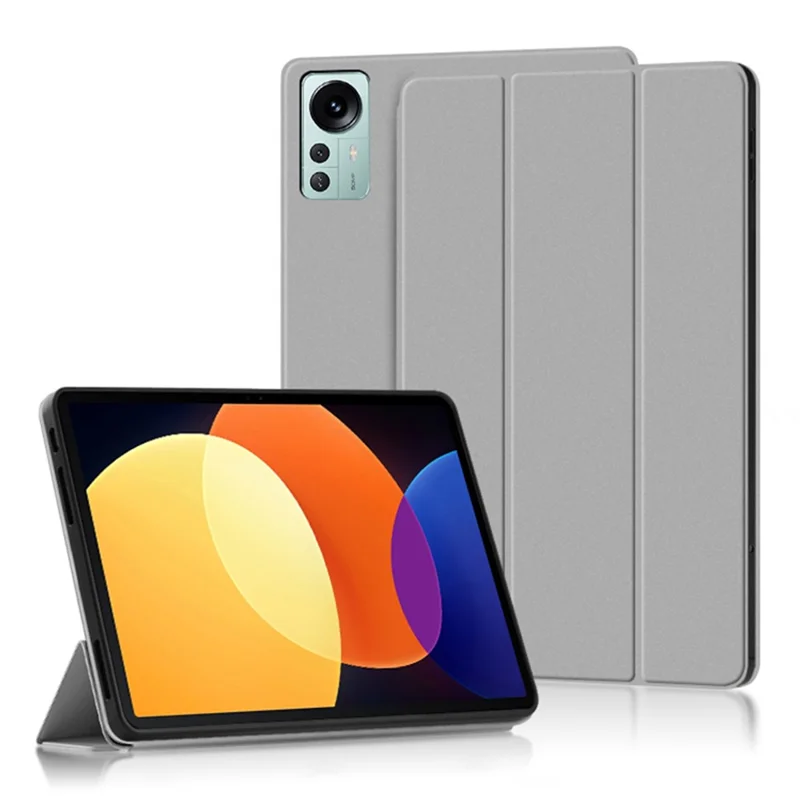 For Xiaomi Pad 5 Pro 12.4 (2022) Well-protected Flip Cover TPU+PU Leather Case Skin-touch Tablet Case with Three-fold Stand - Grey
