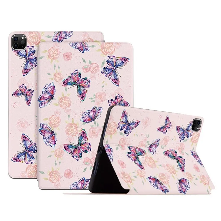 For iPad Pro 11 (2018) / (2020) / (2021) / (2022) Protective Case Folio Flip Cover Butterfly Printed Shockproof Tablet Case with Stand - Rose Butterfly