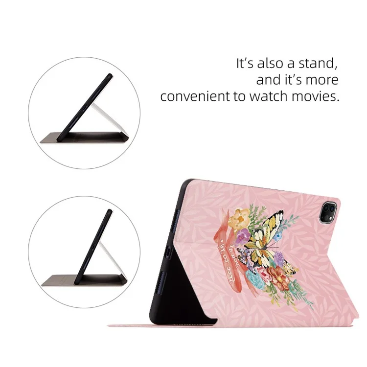 For iPad Pro 11 (2018) / (2020) / (2021) / (2022) Protective Case Folio Flip Cover Butterfly Printed Shockproof Tablet Case with Stand - Rose Butterfly