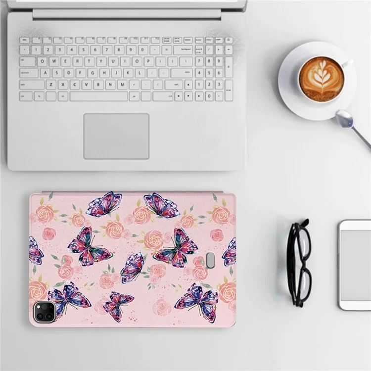 For iPad Pro 11 (2018) / (2020) / (2021) / (2022) Protective Case Folio Flip Cover Butterfly Printed Shockproof Tablet Case with Stand - Rose Butterfly