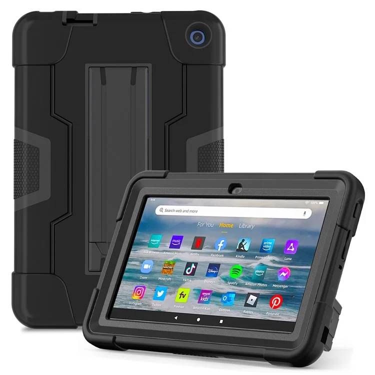 For Amazon Fire 7 (2022) Robot Style Silicone + PC Tablet Case Color Contrast Drop-proof Kickstand Protective Case - Black