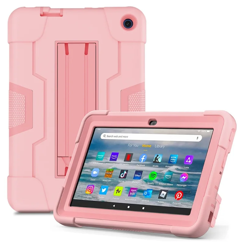 For Amazon Fire 7 (2022) Robot Style Silicone + PC Tablet Case Color Contrast Drop-proof Kickstand Protective Case - Rose Gold