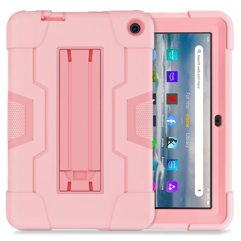 For Amazon Fire 7 (2022) Robot Style Silicone + PC Tablet Case Color Contrast Drop-proof Kickstand Protective Case - Rose Gold