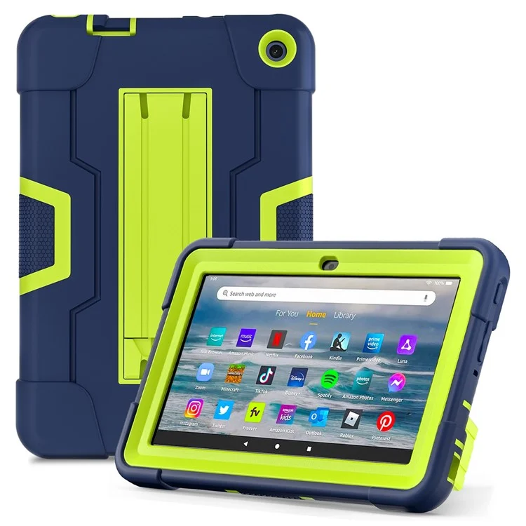 For Amazon Fire 7 (2022) Robot Style Silicone + PC Tablet Case Color Contrast Drop-proof Kickstand Protective Case - Navy Blue / Yellowgreen