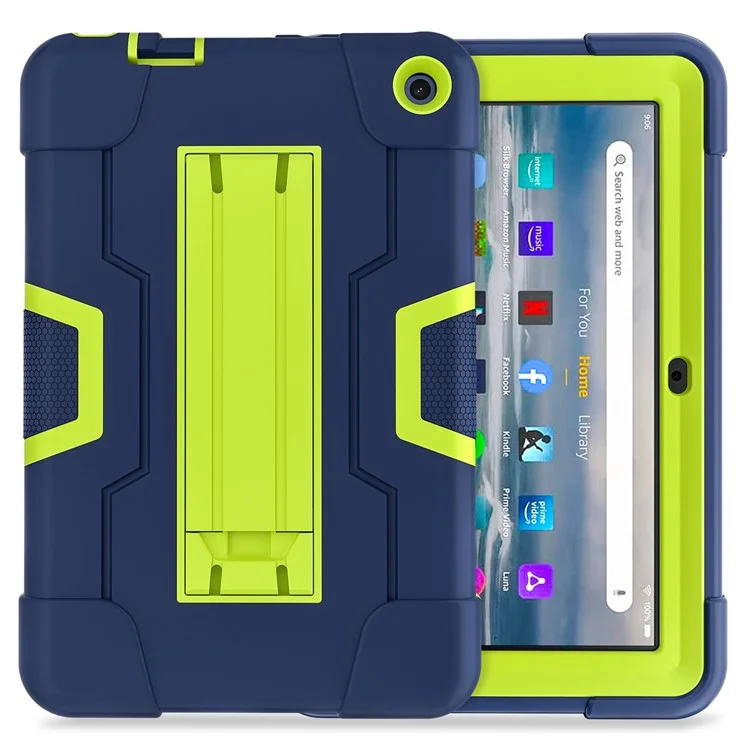 For Amazon Fire 7 (2022) Robot Style Silicone + PC Tablet Case Color Contrast Drop-proof Kickstand Protective Case - Navy Blue / Yellowgreen