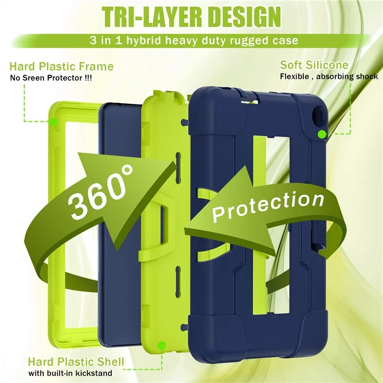 For Amazon Fire 7 (2022) Robot Style Silicone + PC Tablet Case Color Contrast Drop-proof Kickstand Protective Case - Navy Blue / Yellowgreen