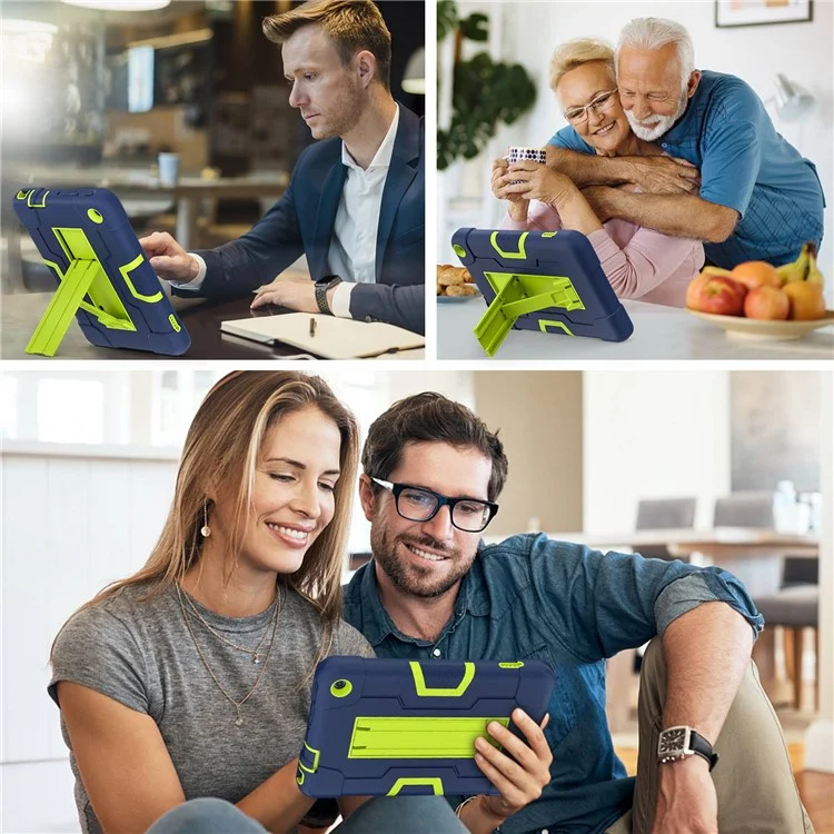 For Amazon Fire 7 (2022) Robot Style Silicone + PC Tablet Case Color Contrast Drop-proof Kickstand Protective Case - Navy Blue / Yellowgreen