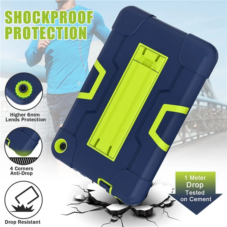 For Amazon Fire 7 (2022) Robot Style Silicone + PC Tablet Case Color Contrast Drop-proof Kickstand Protective Case - Navy Blue / Yellowgreen