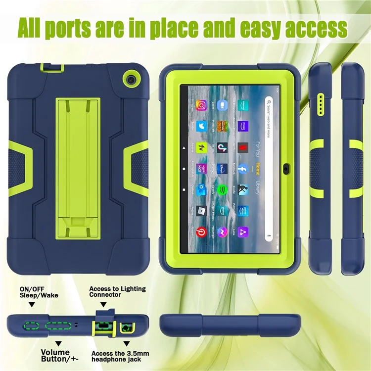 For Amazon Fire 7 (2022) Robot Style Silicone + PC Tablet Case Color Contrast Drop-proof Kickstand Protective Case - Navy Blue / Yellowgreen
