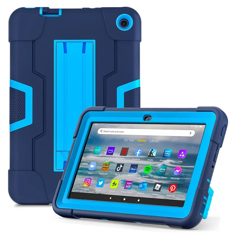 For Amazon Fire 7 (2022) Robot Style Silicone + PC Tablet Case Color Contrast Drop-proof Kickstand Protective Case - Navy Blue / Blue