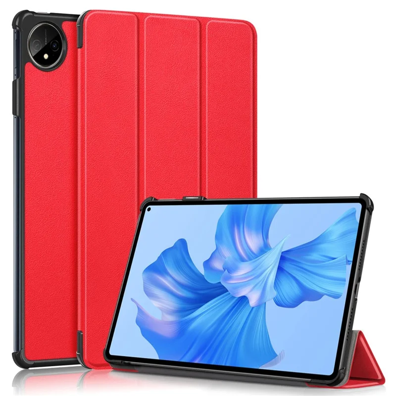 For Huawei MatePad Pro 11 (2022) Protective Case PU Leather Solid Color Folio Flip Cover Tri-fold Stand Tablet Protector with Auto Wake  /  Sleep - Red