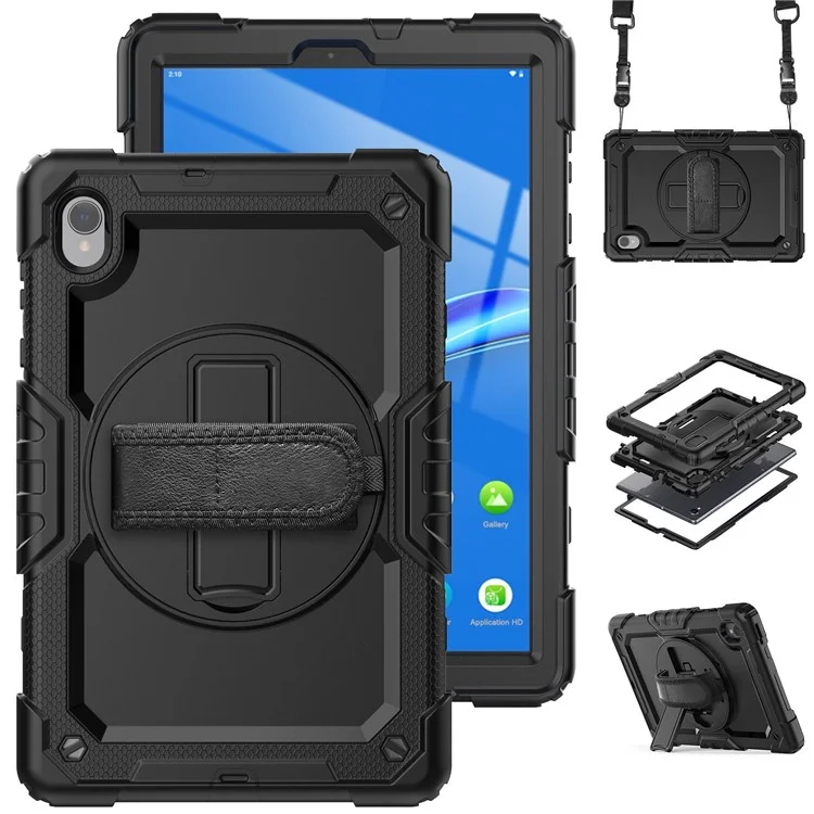 For Lenovo M10 Plus / Smart Tab M10 FHD Plus Silicone+PC Tablet Case Hand Strap Kickstand Shockproof Cover with Shoulder Strap - Black