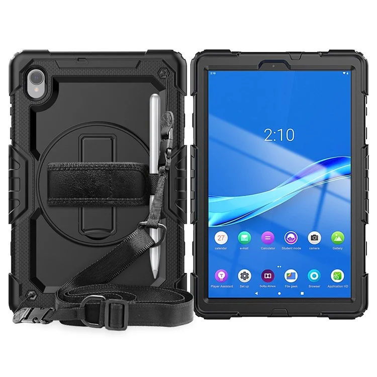 For Lenovo M10 Plus / Smart Tab M10 FHD Plus Silicone+PC Tablet Case Hand Strap Kickstand Shockproof Cover with Shoulder Strap - Black