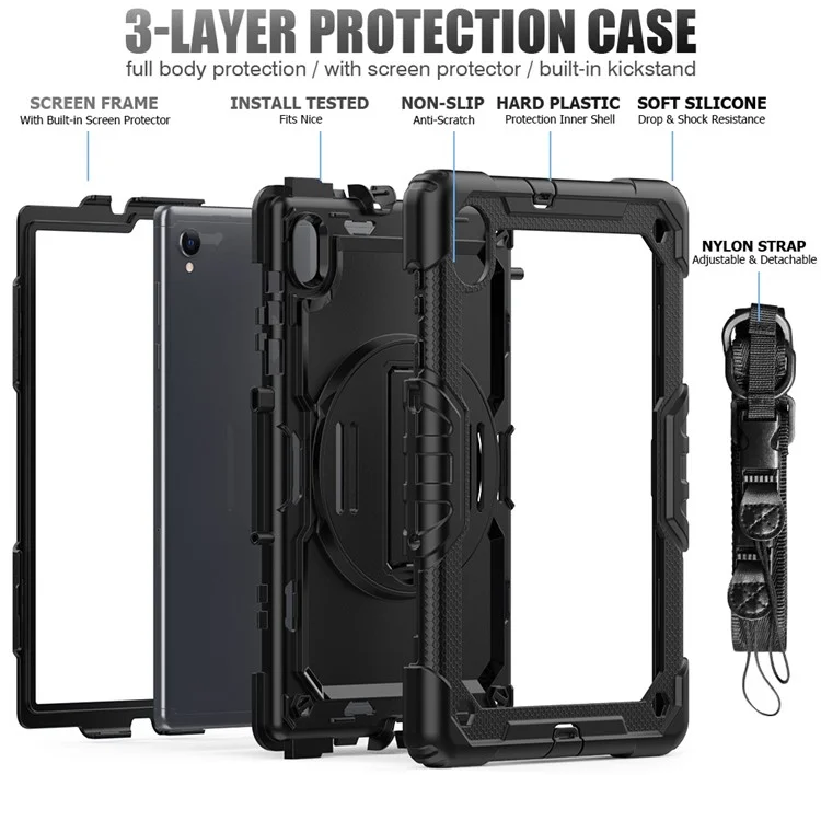 For Lenovo M10 Plus / Smart Tab M10 FHD Plus Silicone+PC Tablet Case Hand Strap Kickstand Shockproof Cover with Shoulder Strap - Black