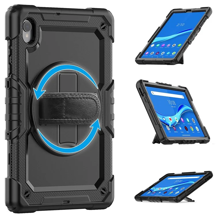 For Lenovo M10 Plus / Smart Tab M10 FHD Plus Silicone+PC Tablet Case Hand Strap Kickstand Shockproof Cover with Shoulder Strap - Black