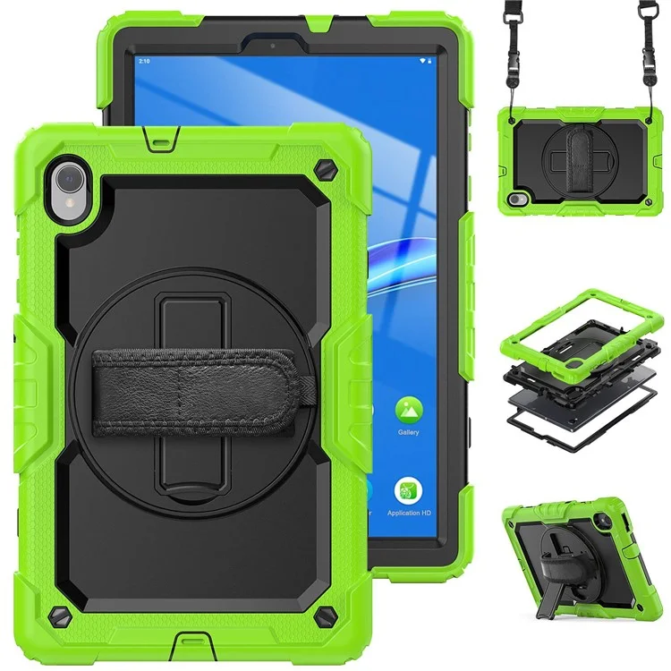 For Lenovo M10 Plus / Smart Tab M10 FHD Plus Silicone+PC Tablet Case Hand Strap Kickstand Shockproof Cover with Shoulder Strap - Yellowgreen