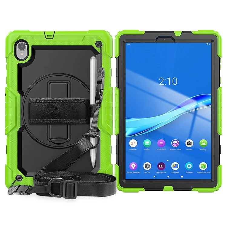 For Lenovo M10 Plus / Smart Tab M10 FHD Plus Silicone+PC Tablet Case Hand Strap Kickstand Shockproof Cover with Shoulder Strap - Yellowgreen