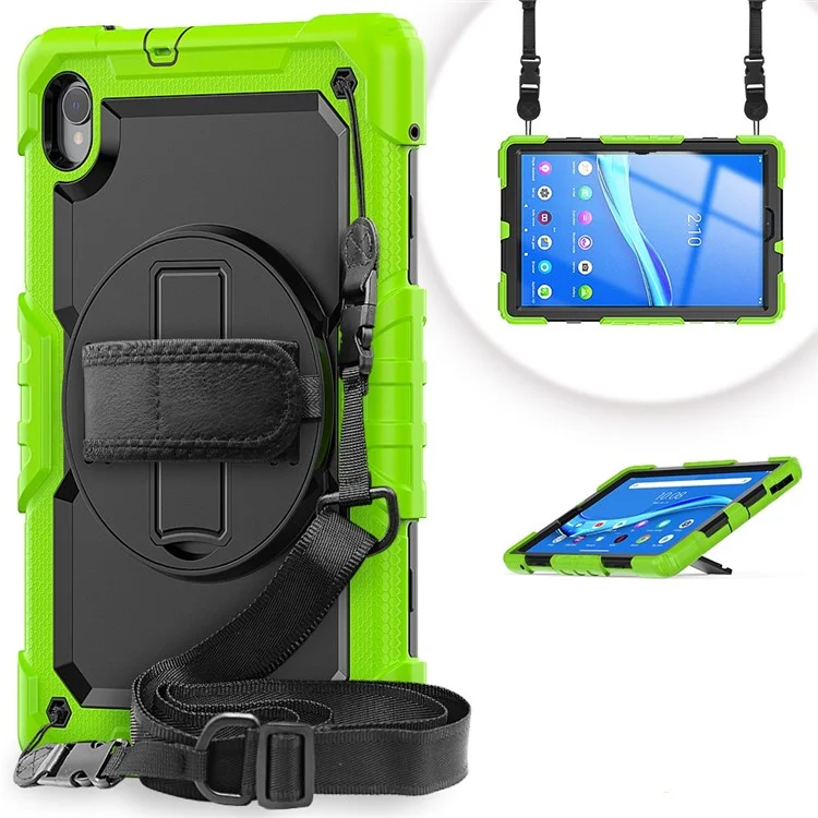 For Lenovo M10 Plus / Smart Tab M10 FHD Plus Silicone+PC Tablet Case Hand Strap Kickstand Shockproof Cover with Shoulder Strap - Yellowgreen