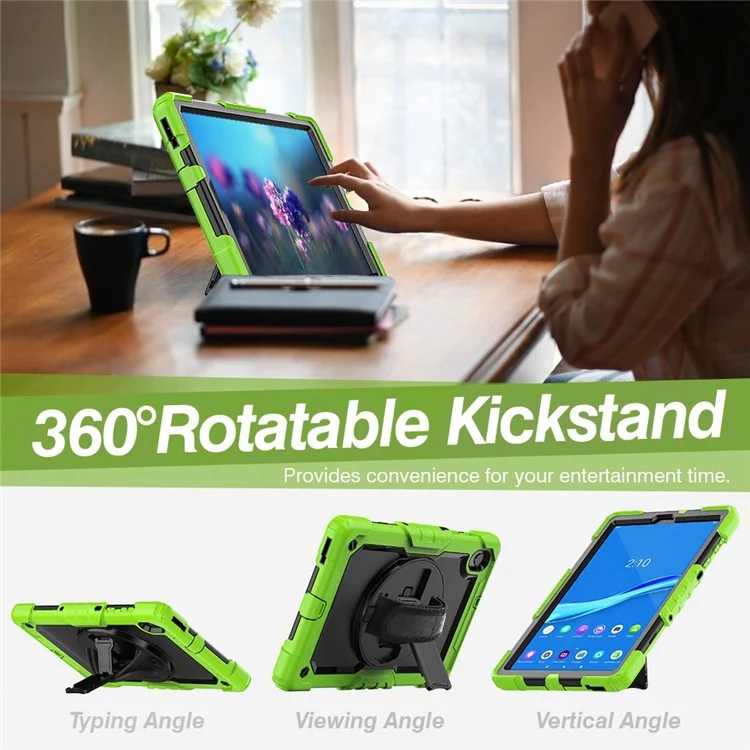 For Lenovo M10 Plus / Smart Tab M10 FHD Plus Silicone+PC Tablet Case Hand Strap Kickstand Shockproof Cover with Shoulder Strap - Yellowgreen