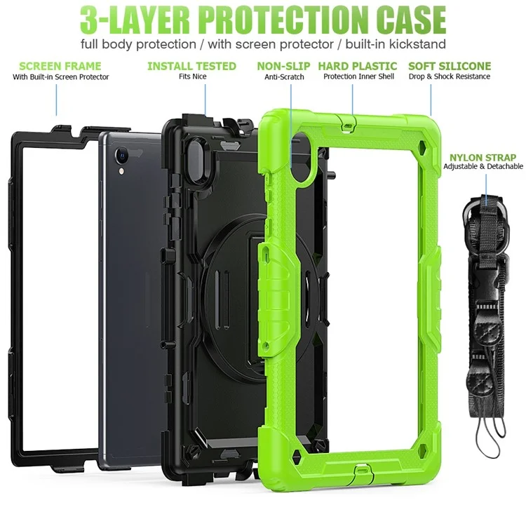 For Lenovo M10 Plus / Smart Tab M10 FHD Plus Silicone+PC Tablet Case Hand Strap Kickstand Shockproof Cover with Shoulder Strap - Yellowgreen