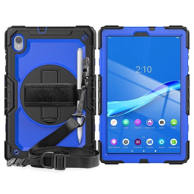 Pour Lenovo M10 Plus Silicone + PC Tablet Case Hand Strap Kickstand Tocoproof Couvre Avec Bandoulière - pc Bleu / le Noir