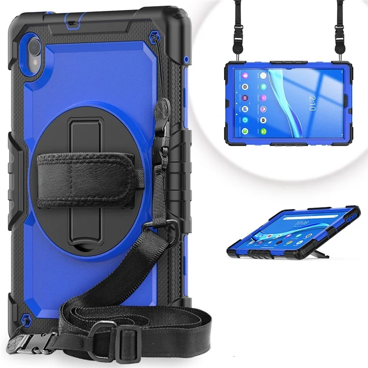 Pour Lenovo M10 Plus Silicone + PC Tablet Case Hand Strap Kickstand Tocoproof Couvre Avec Bandoulière - pc Bleu / le Noir