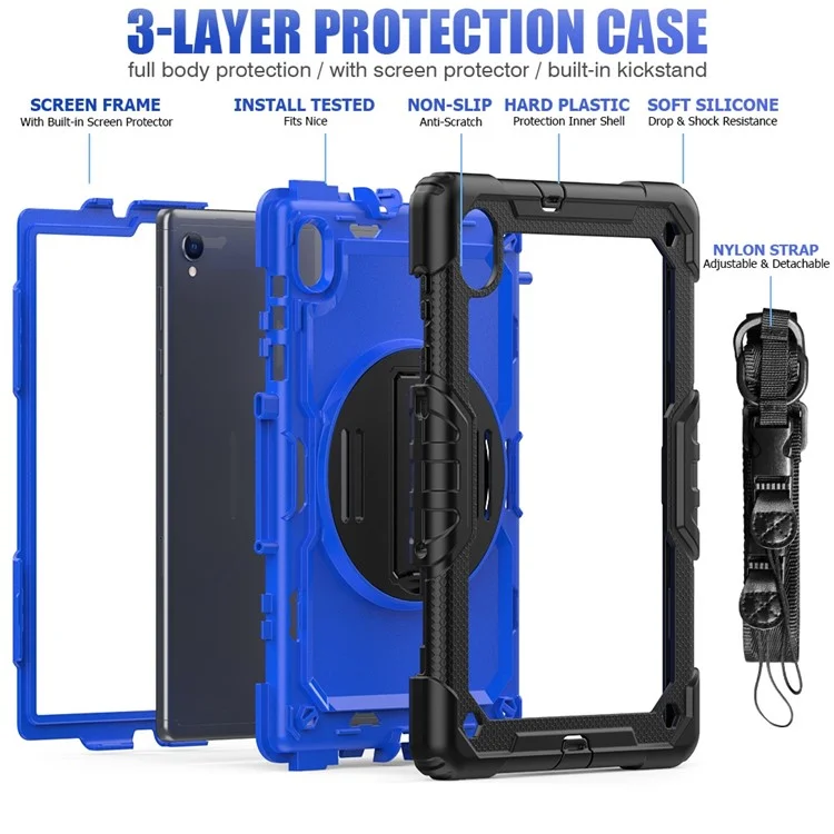 Pour Lenovo M10 Plus Silicone + PC Tablet Case Hand Strap Kickstand Tocoproof Couvre Avec Bandoulière - pc Bleu / le Noir