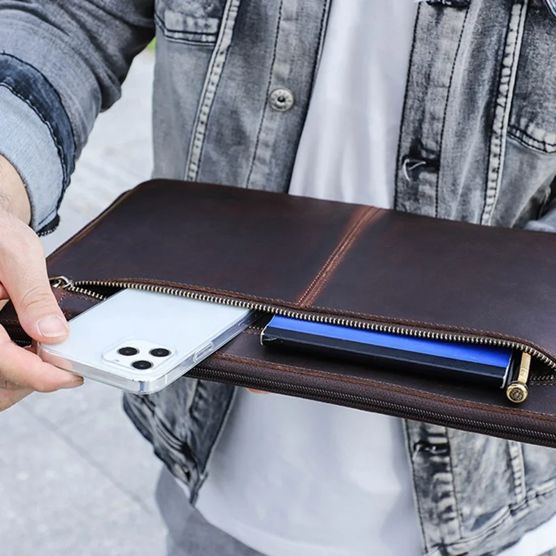 Voor MacBook Air 13 inch (2022) A2681 Draagtas van Rundleder met Rits Opbergzak - Bruin