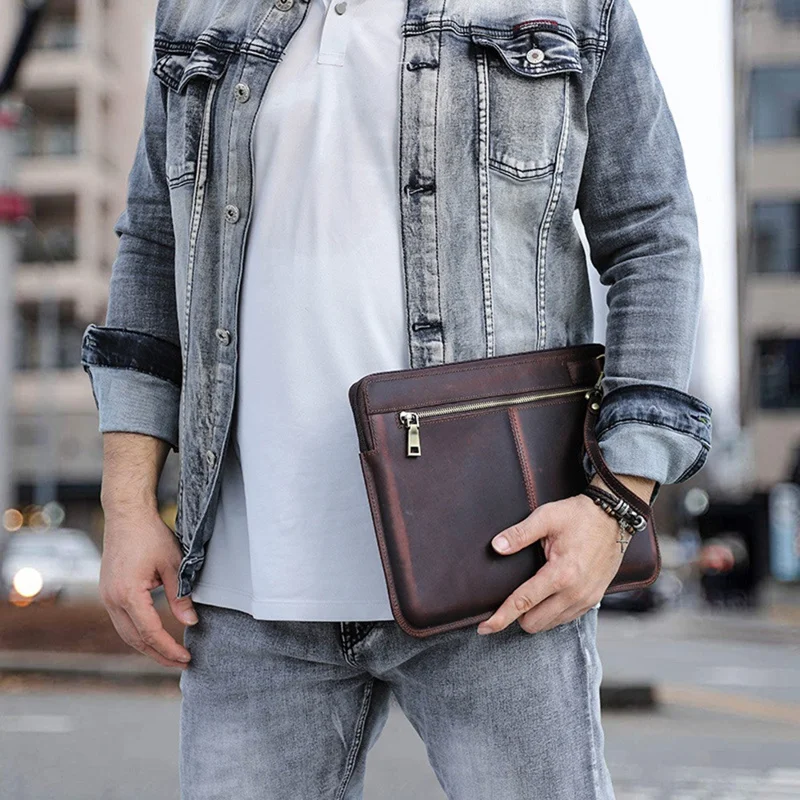 Voor MacBook Air 13 inch (2022) A2681 Draagtas van Rundleder met Rits Opbergzak - Bruin